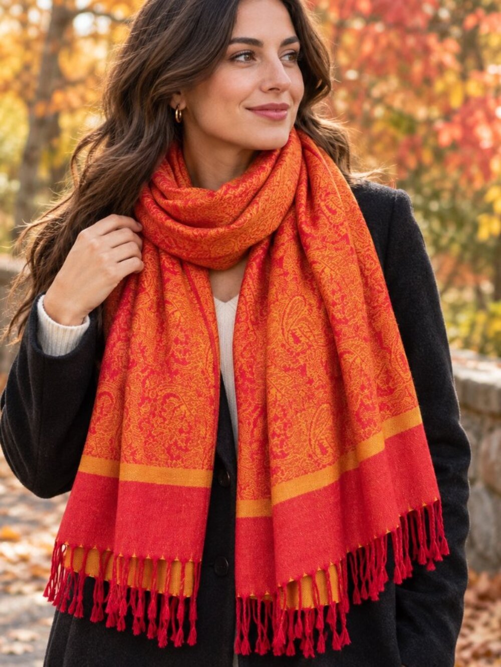 Pashmina 70% Pashmina 30% Silk Shawl Wrap Red Orange Gold Paisley Fringe